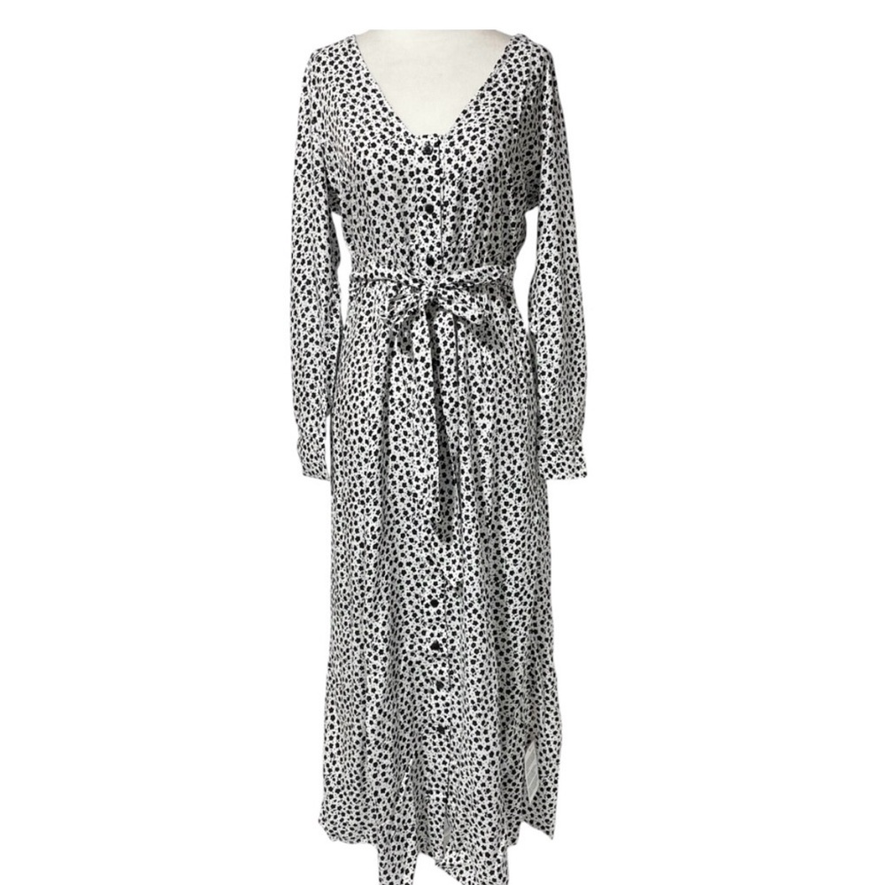 New ASOS Maternity Tie Waist Button Front Long Sleeve Midi Dress White Black 4